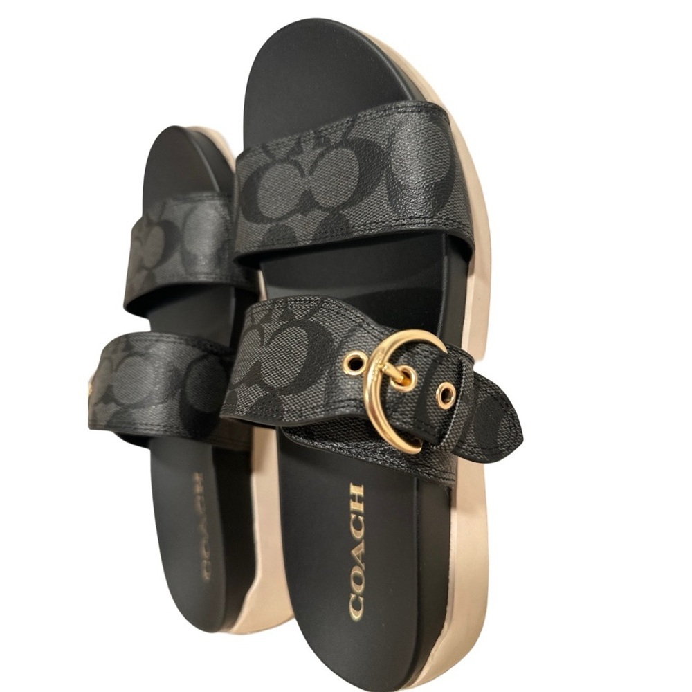 COACH Gwen Signature Black Golden Buckle Leather Strap Sandals 8B US / 38.5 EU - Picture 4 of 16